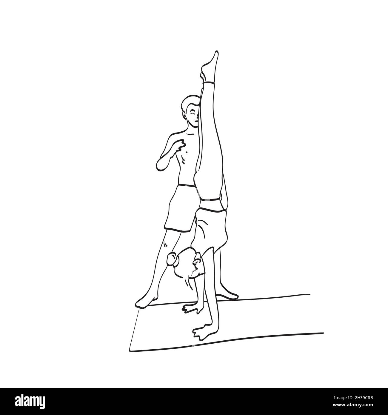 Insegnante di yoga o pilates istruttore aiutare la giovane donna a fare handstand illustrazione vettore isolato su bianco linea arte Illustrazione Vettoriale