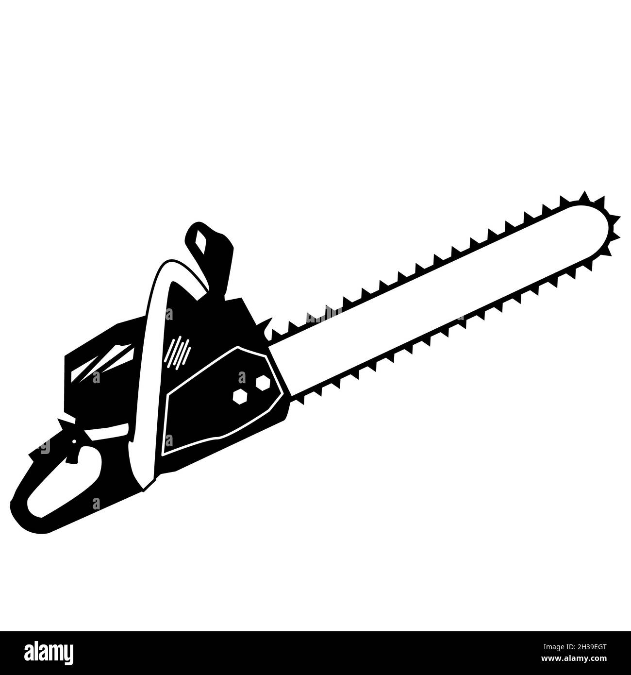 Motosega su sfondo bianco. Attrezzo Lumberjack. Seghetto per sega per legno. modello piatto. Foto Stock