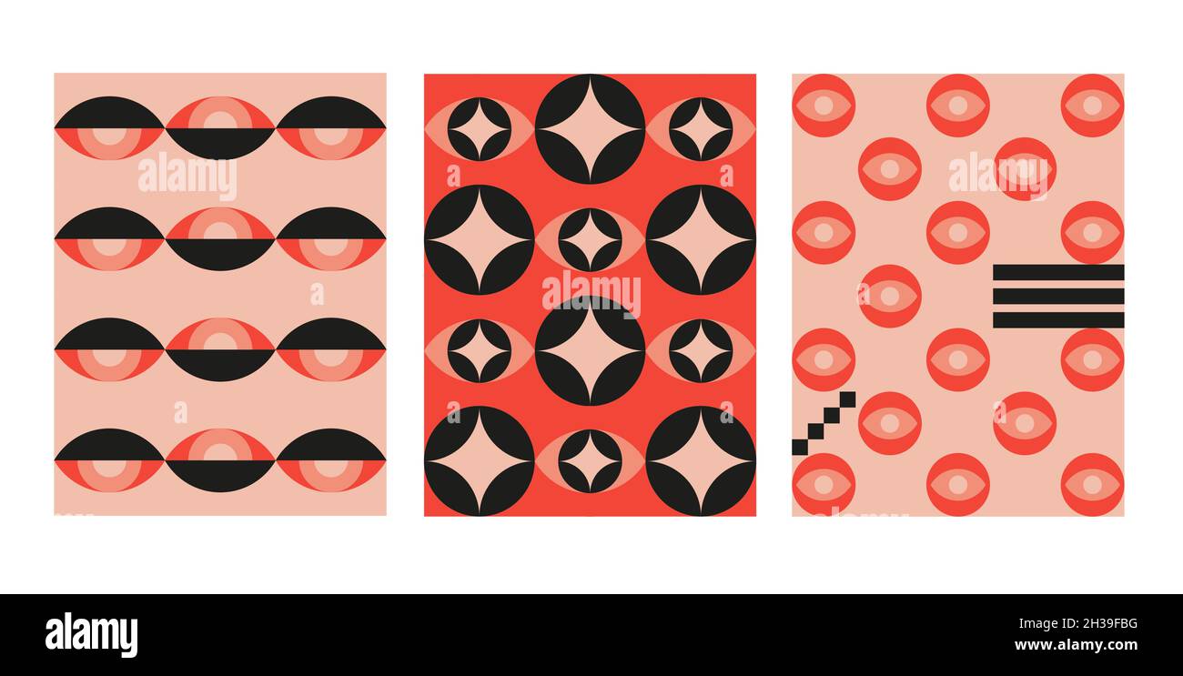 Design geometrico Bauhaus con elementi per gli occhi. Forme e forme primitive moderne. Poster vettoriali, copertine, striscioni. Illustrazione Vettoriale