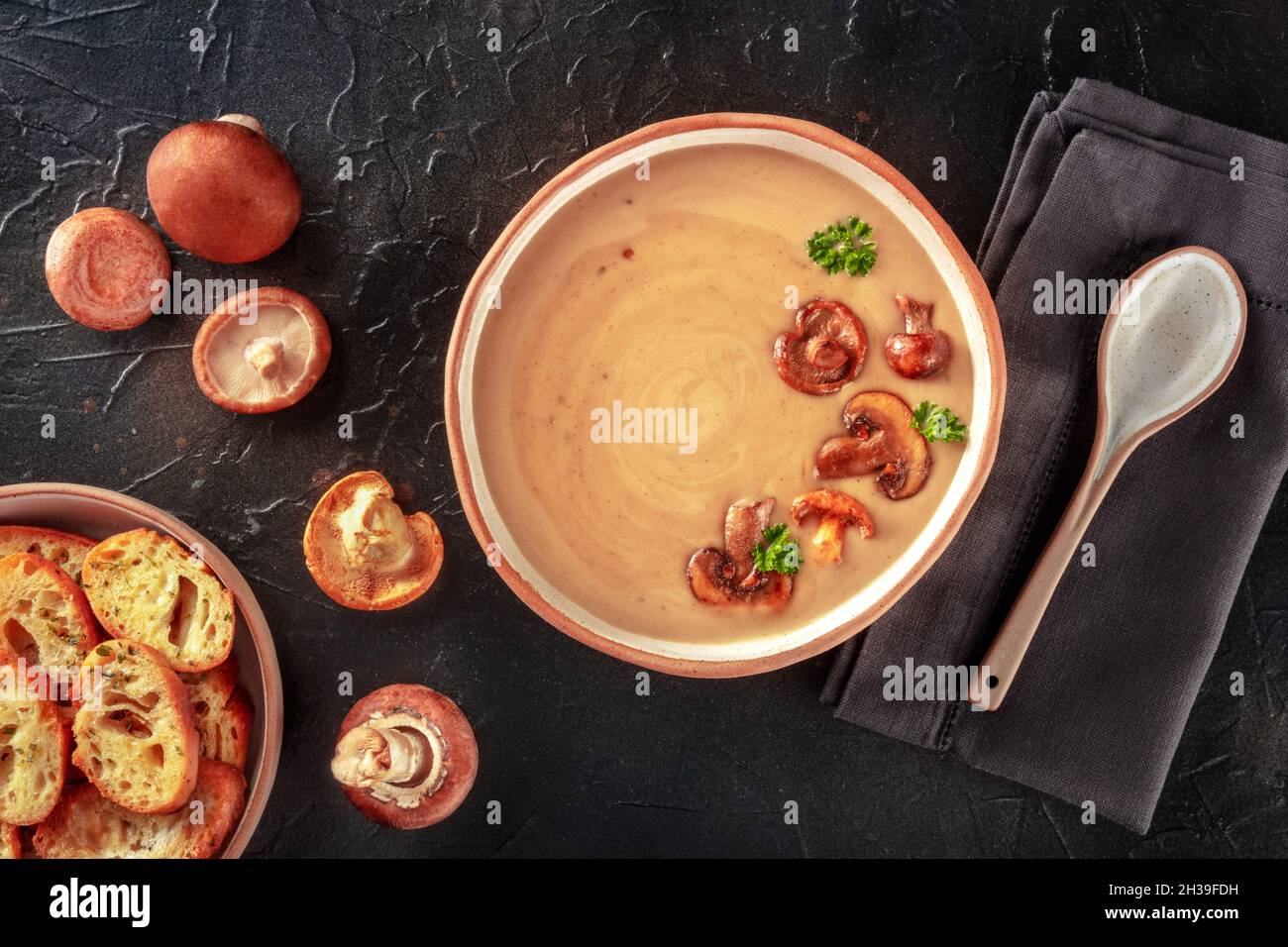 Zuppa di crema ai funghi con vari funghi e pane tostato, sopra la testa piatta sparare su uno sfondo di ardesia nera Foto Stock