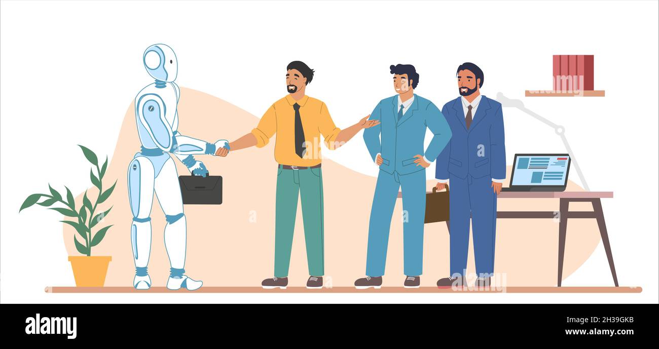 Macchina robot intelligente e gli esseri umani che lavorano insieme, illustrazione vettoriale. Intelligenza artificiale e collaborazione umana, cooperazione. Illustrazione Vettoriale