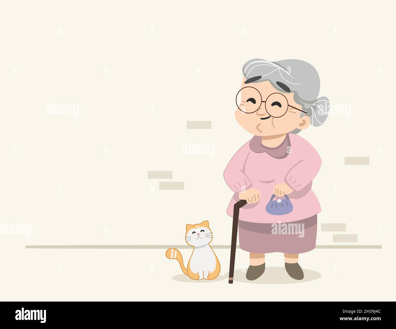 Felice nonna con il suo gatto. Nonna che indossa occhiali. Carino borsetta di tenuta e scena del gatto granny. Illustrazione vettoriale piatta isolata. Illustrazione Vettoriale
