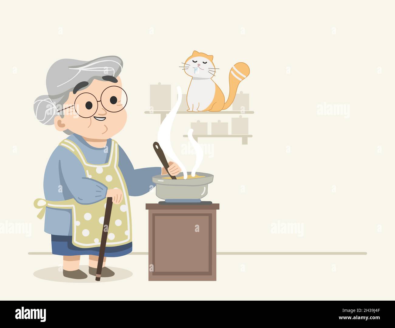 Granny cucinando felicemente il cibo mentre il gatto di kitty ha annegato sopra il suo cibo. Carino disegno del vettore piatto granny. Gatto carino e scena nonna. Vettore isolato piatto il Illustrazione Vettoriale