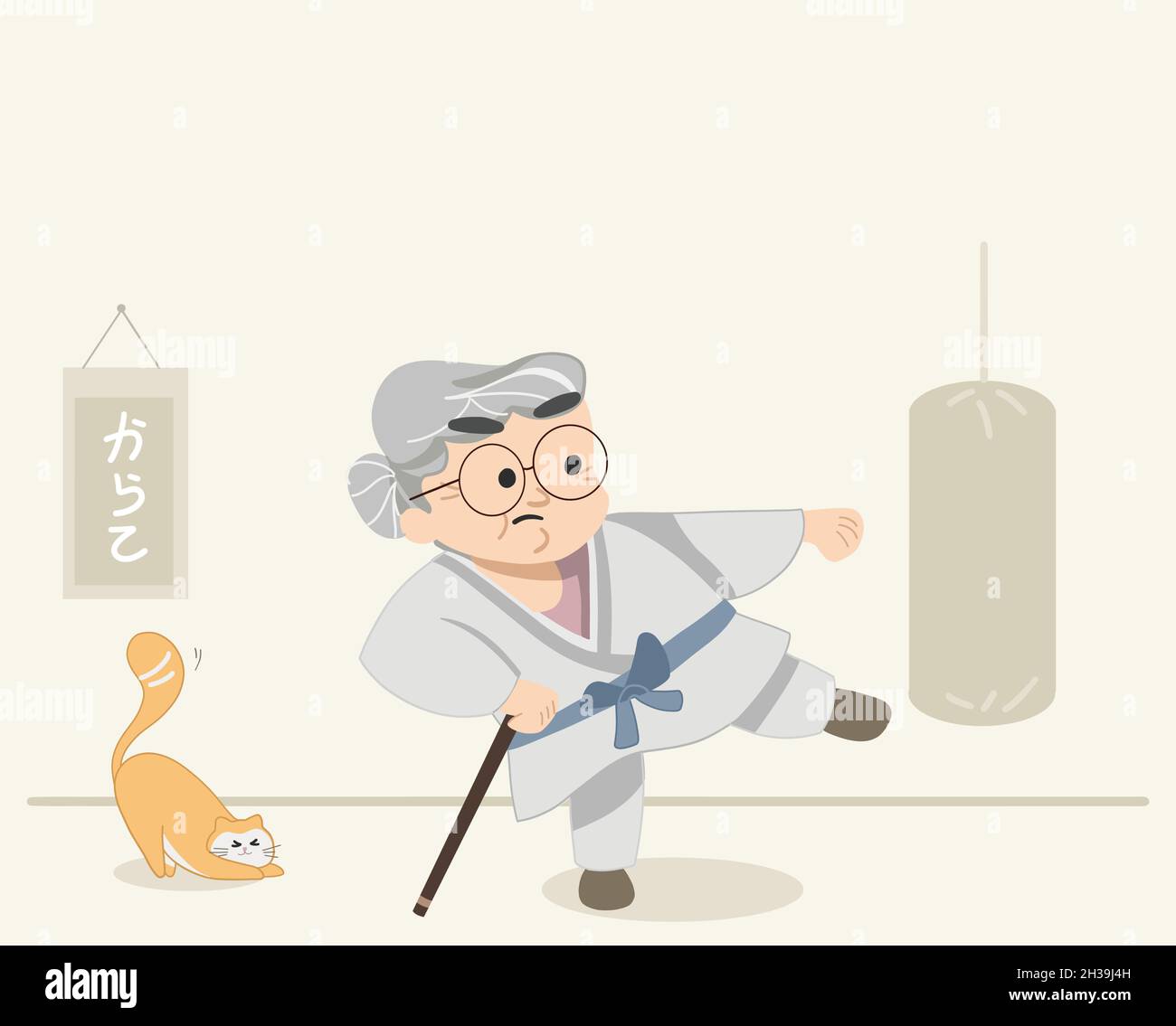 Divertente simpatica nonna che fa pratica del karate. Granny mantenersi in forma e fare karate e arti marziali. Moderna cute granny e scena del gatto. Piatto isolato di colore Illustrazione Vettoriale