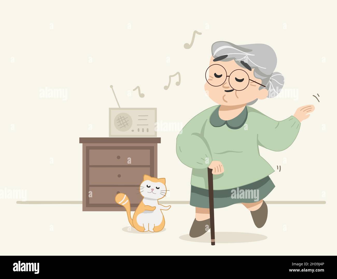 Bella danza granny sulla canzone in radio. Piccolo gatto che si unisce alla nonna mentre balla. Carina illustrazione vettoriale piatta moderna. Illustrazione Vettoriale