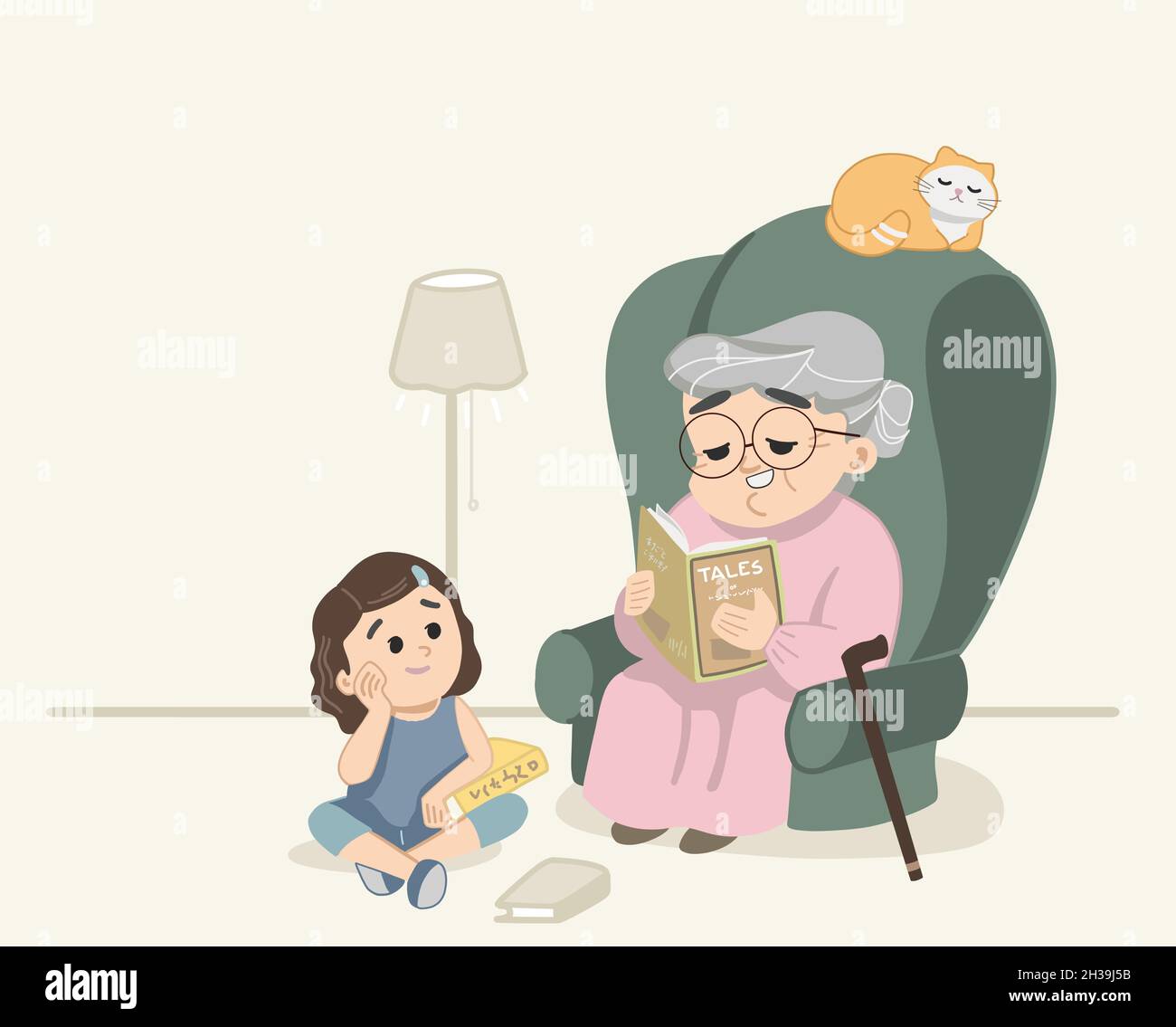 Granny raccontare storie e leggere storie a simpatica nipote, mentre il gatto dorme sul divano. Cute granny, bambina e scena kitty indoor insi Illustrazione Vettoriale