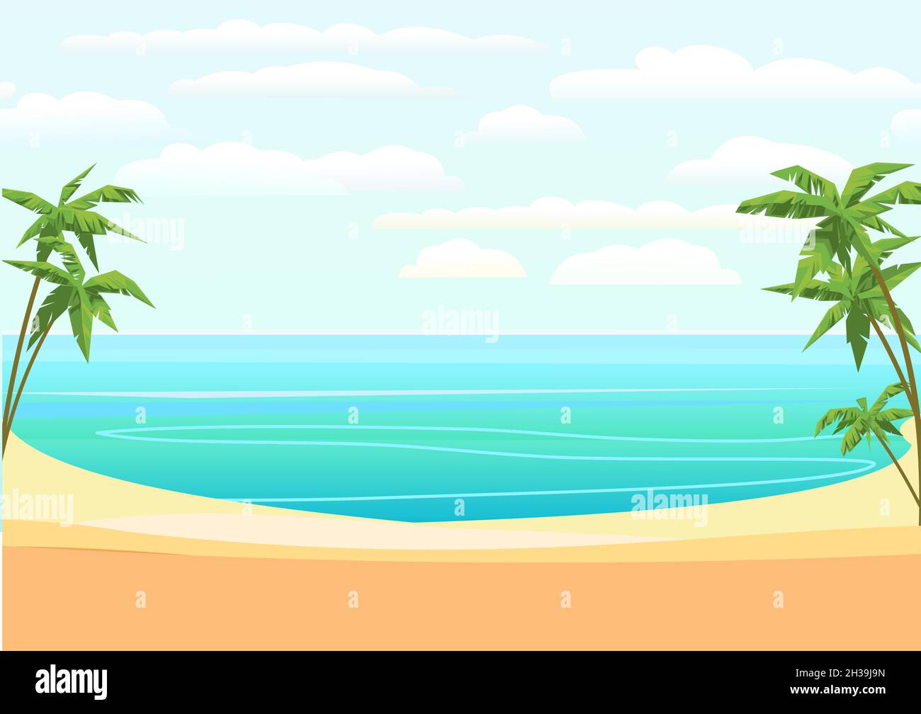 Spiaggia di mare. Stagione estiva. Lontano è l'orizzonte dell'oceano. Tempo calmo. Illustrazione in stile piatto. Vettore. Illustrazione Vettoriale
