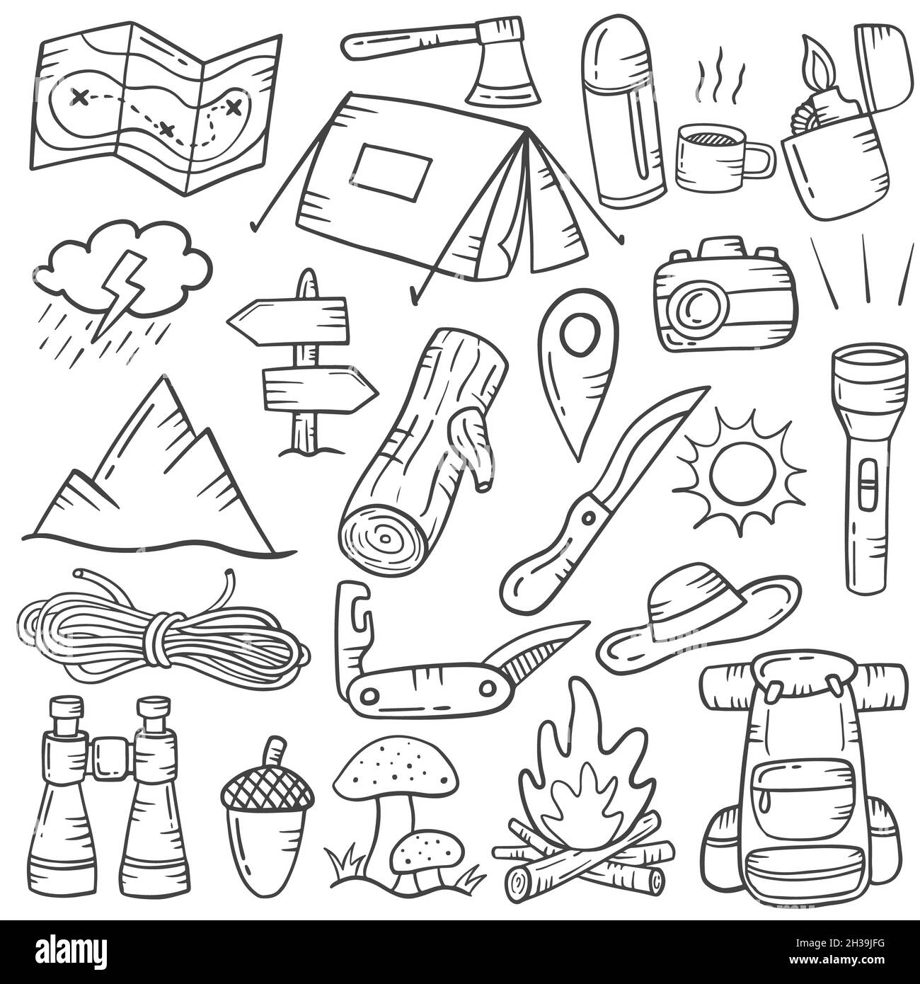 camping concept doodle collezioni disegnate a mano con contorno bianco e nero disegno vettoriale Foto Stock