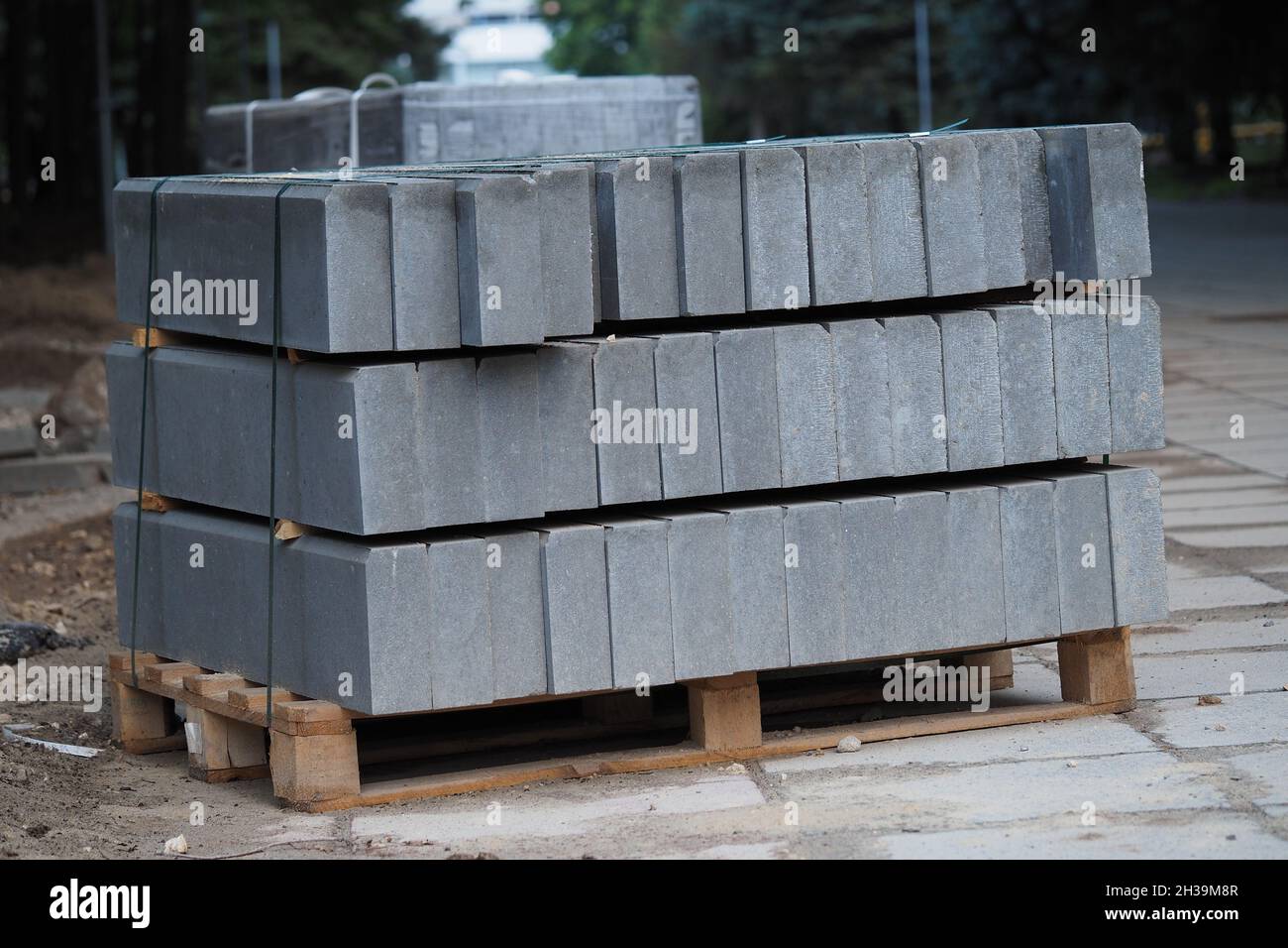 Miglioramento del territorio cittadino. Posa di nuovi cordoli nel parco. I cordoli si trovano su un pallet. . Foto di alta qualità Foto Stock