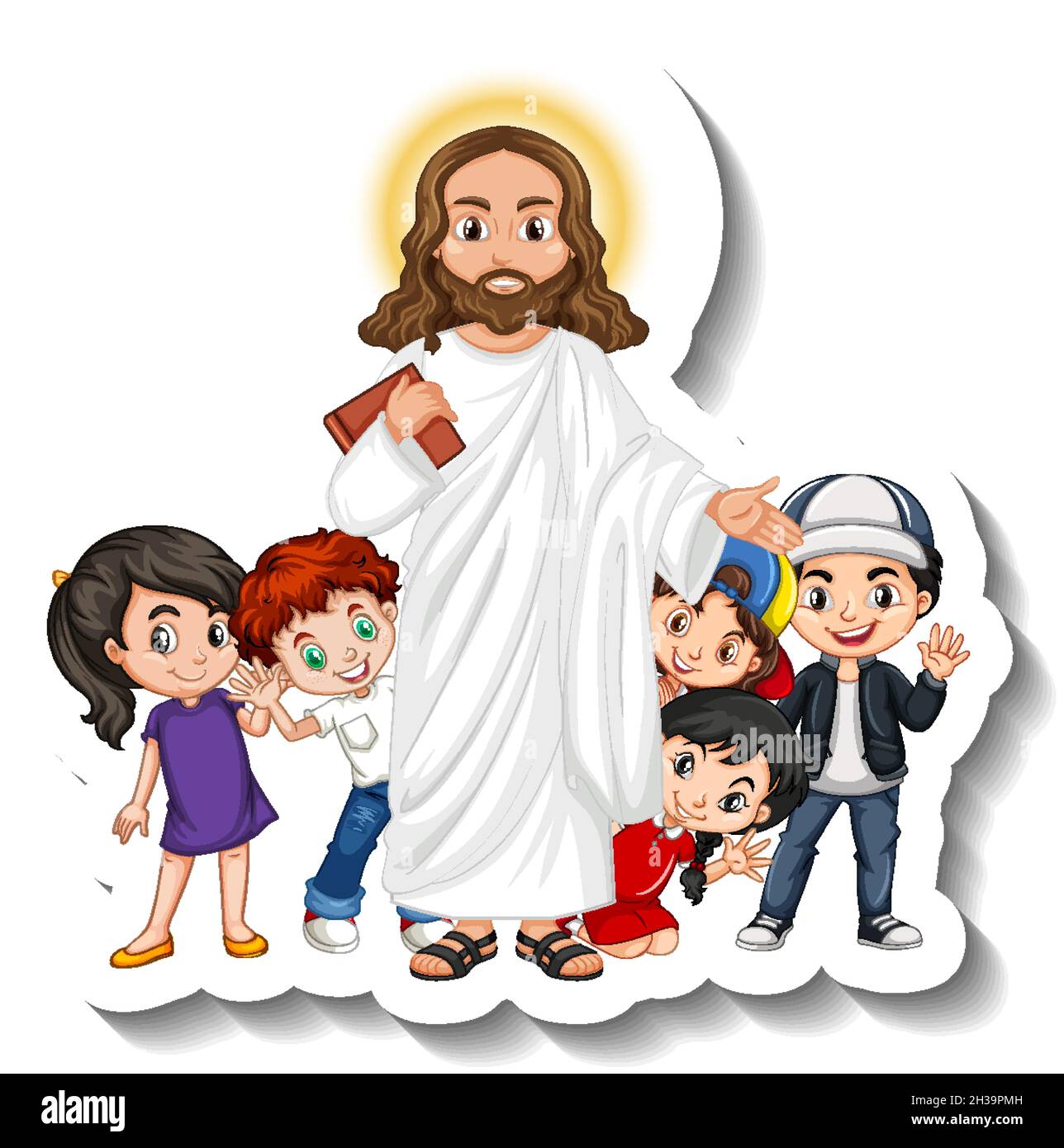 Gesù Cristo con i bambini adesivo di gruppo su sfondo bianco illustrazione Illustrazione Vettoriale