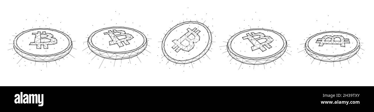 Set di monete bitcoin stile poligonale isolate su sfondo bianco. Struttura in poli a bassa criptovaluta. Banner digitale astratto, modello o sfondo. Illustrazione Vettoriale