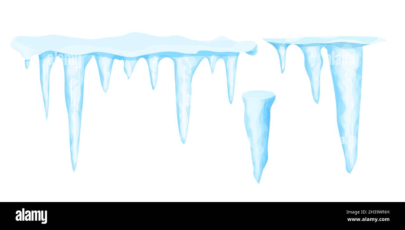 Set Icicles con neve decorazione invernale, acqua ghiacciata in style cartoon isolato su sfondo bianco. Collezione cristalli di ghiaccio, elemento sospeso. Testurizzato, lucido. Illustrazione vettoriale Illustrazione Vettoriale