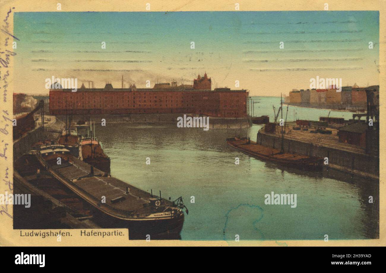 Neuer Hafen in Ludwigshafen, Rhein, Rheinland-Pfalz, Deutschland, Ansicht von ca 1910, digitale Reproduktion einer gemeinfreien Postkarte Foto Stock