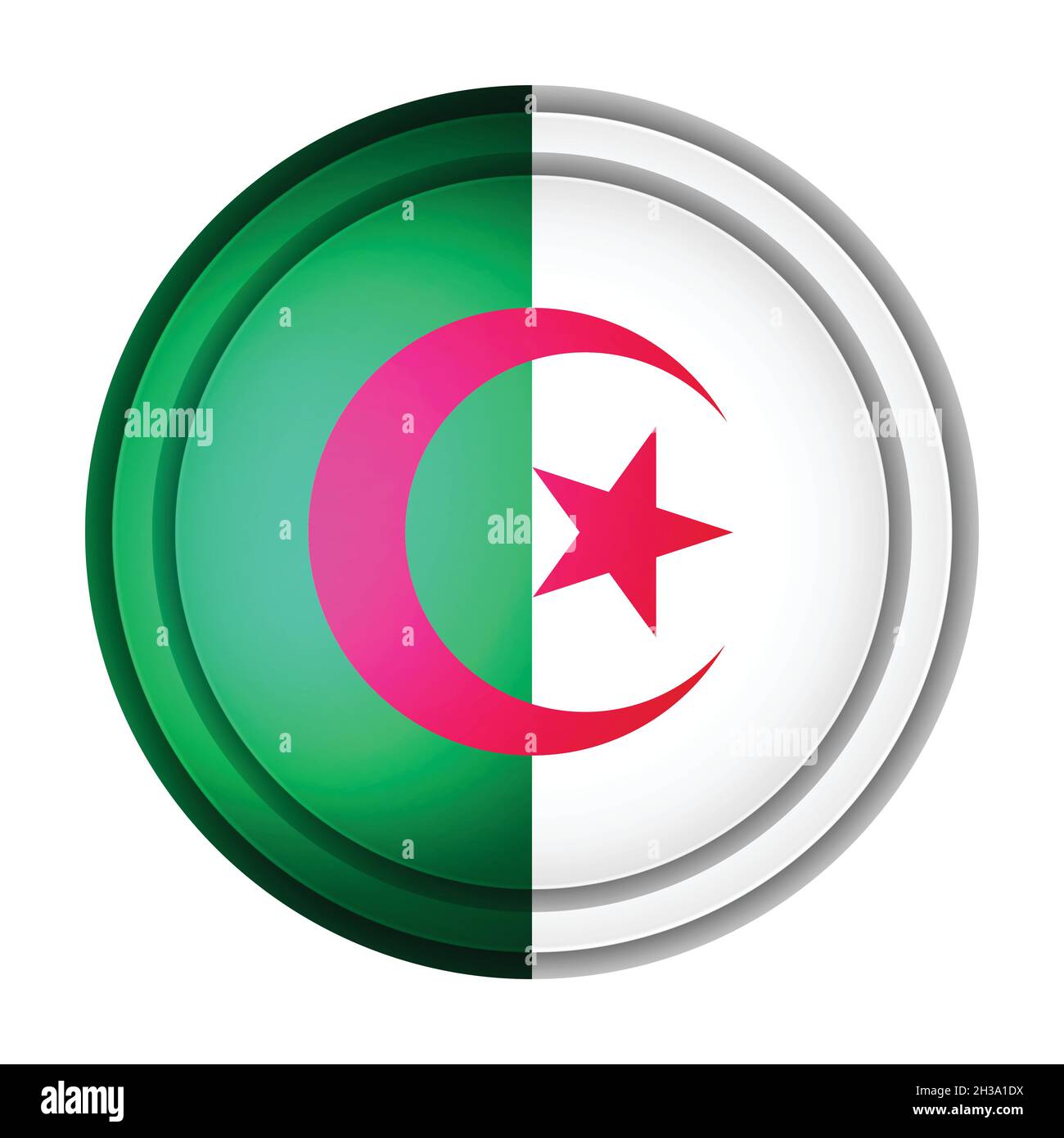 Palla di vetro con bandiera di Algeria. Sfera rotonda, icona modello. Simbolo nazionale algerino. Sfera realistica lucida, illustrazione vettoriale astratta 3D Illustrazione Vettoriale