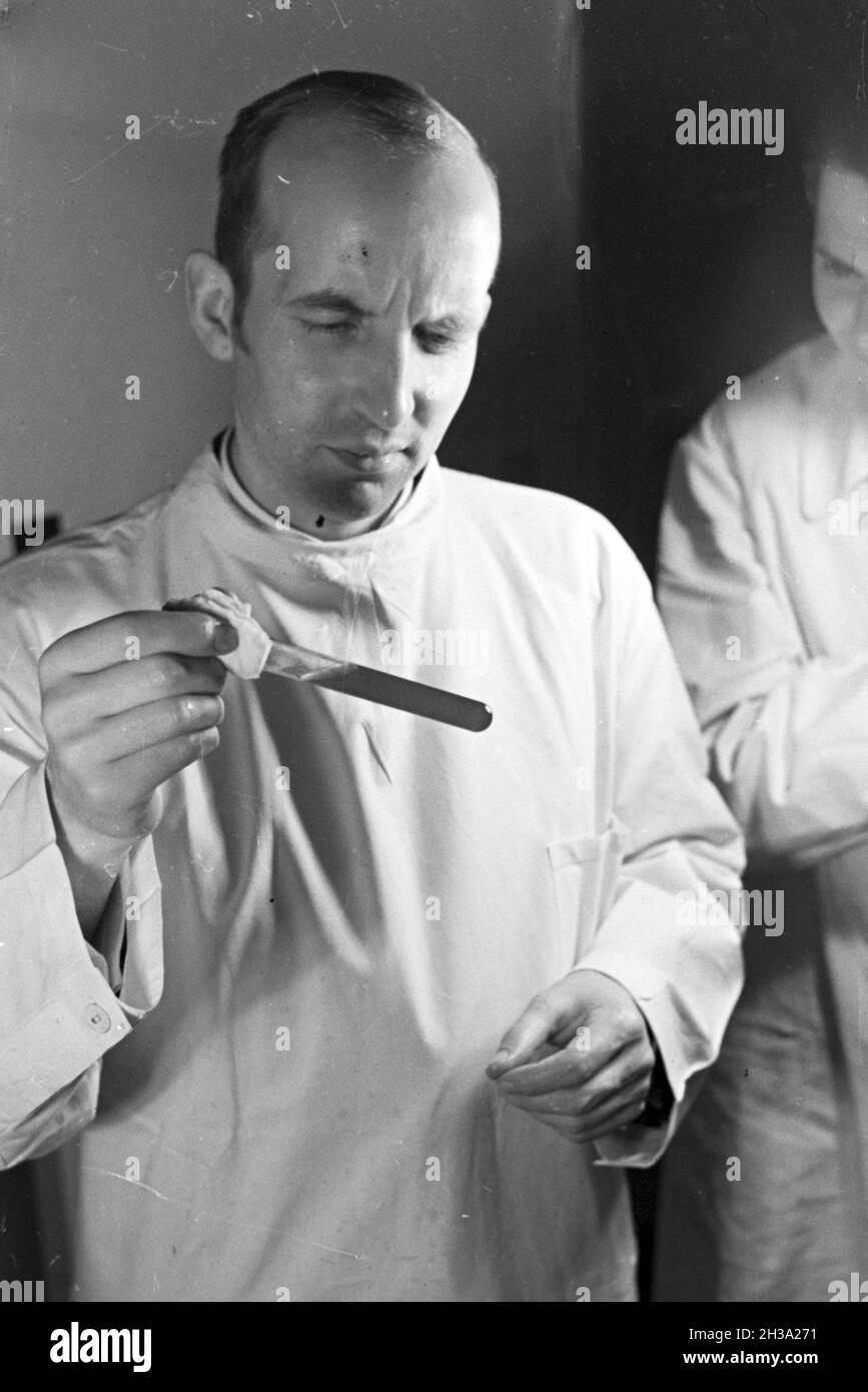 Wissenschaftlicher Mitarbeiter Mit einem gefüllten Reagenzglas, Deutschland 1930er Jahr: personale scientifico gli stati con una prova riempito di vetro, Germania 1930s. Foto Stock