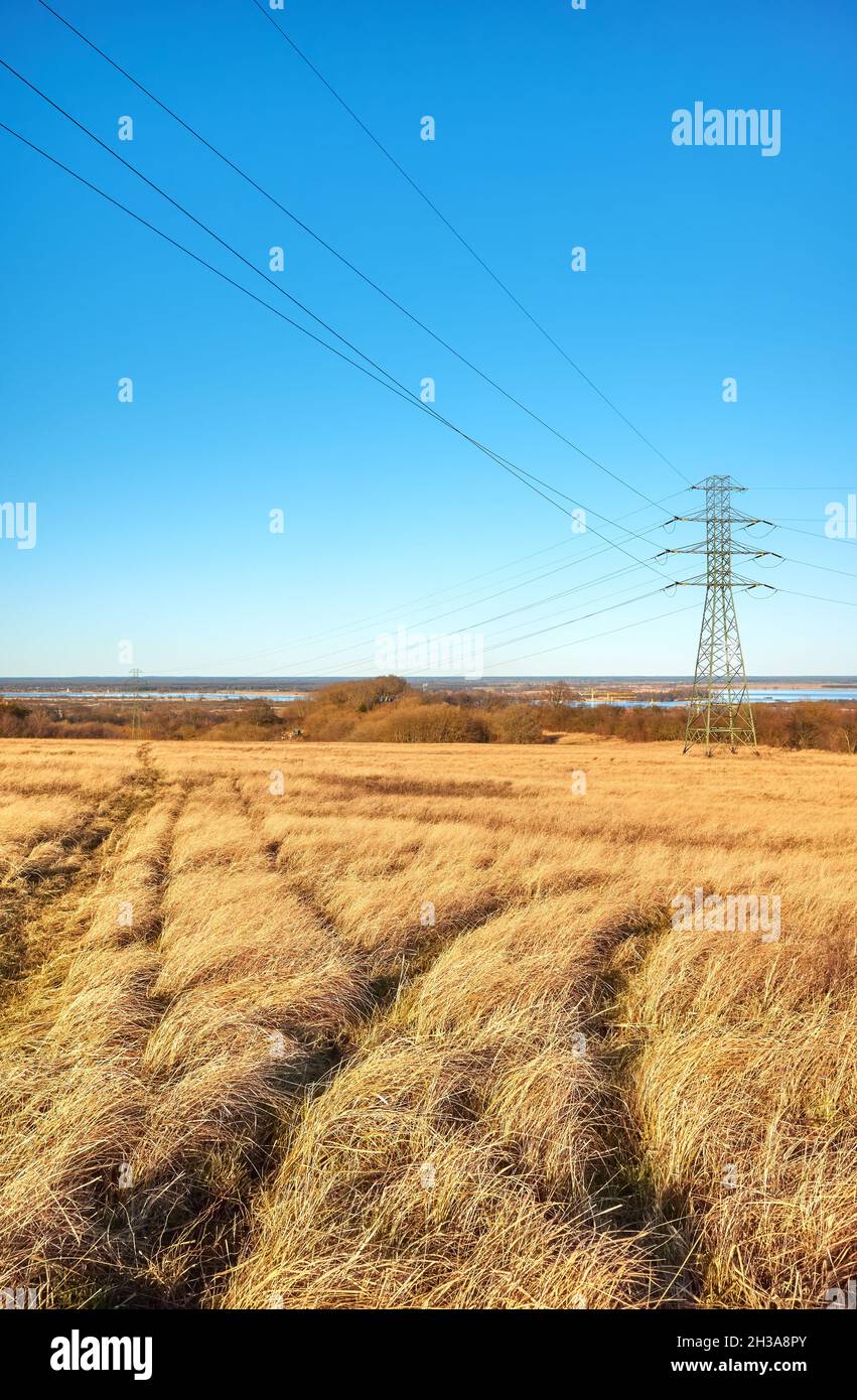 Paesaggio rurale con torre di trasmissione ad alta tensione su un campo. Foto Stock