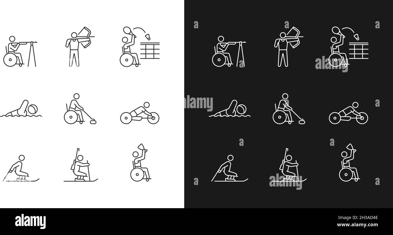 Atleti con icone lineari per disabili impostate per la modalità luce e buio Illustrazione Vettoriale