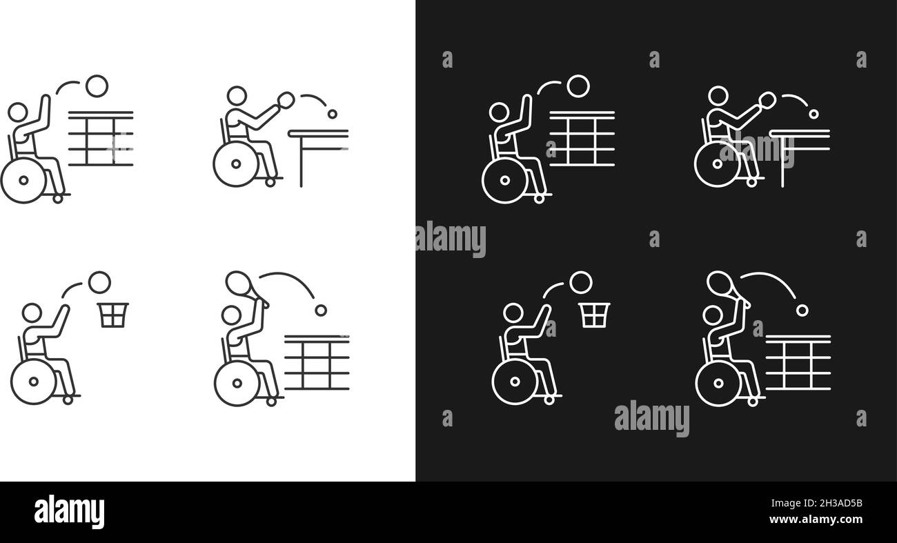 Icone lineari per lo sport su sedia a rotelle adattiva impostate per la modalità buio e luce Illustrazione Vettoriale