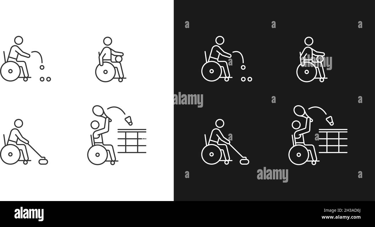 Icone lineari per lo sport su sedia a rotelle impostate per la modalità buio e luce Illustrazione Vettoriale