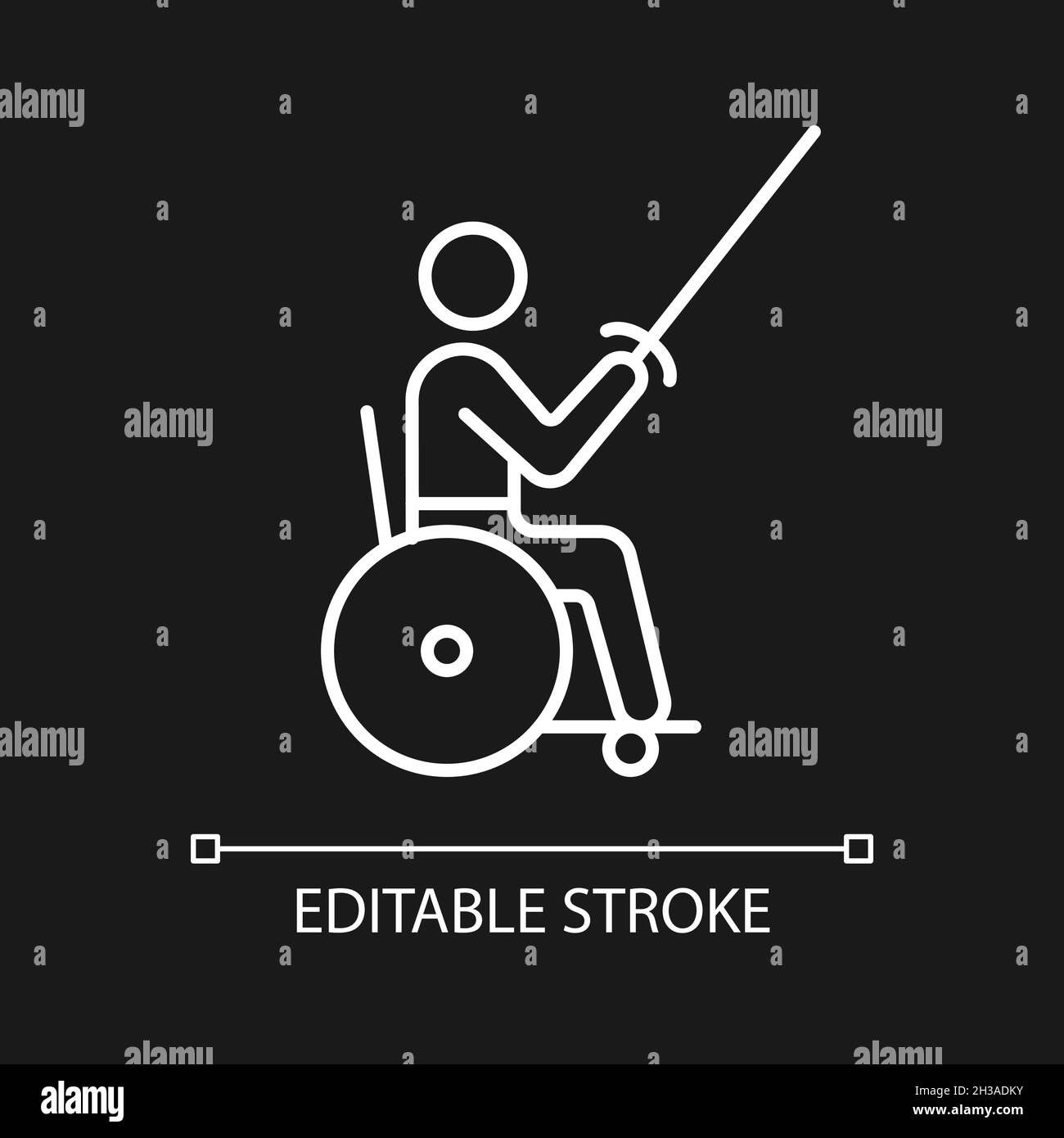 Icona lineare bianca per la recinzione su sedia a rotelle per il tema scuro Illustrazione Vettoriale