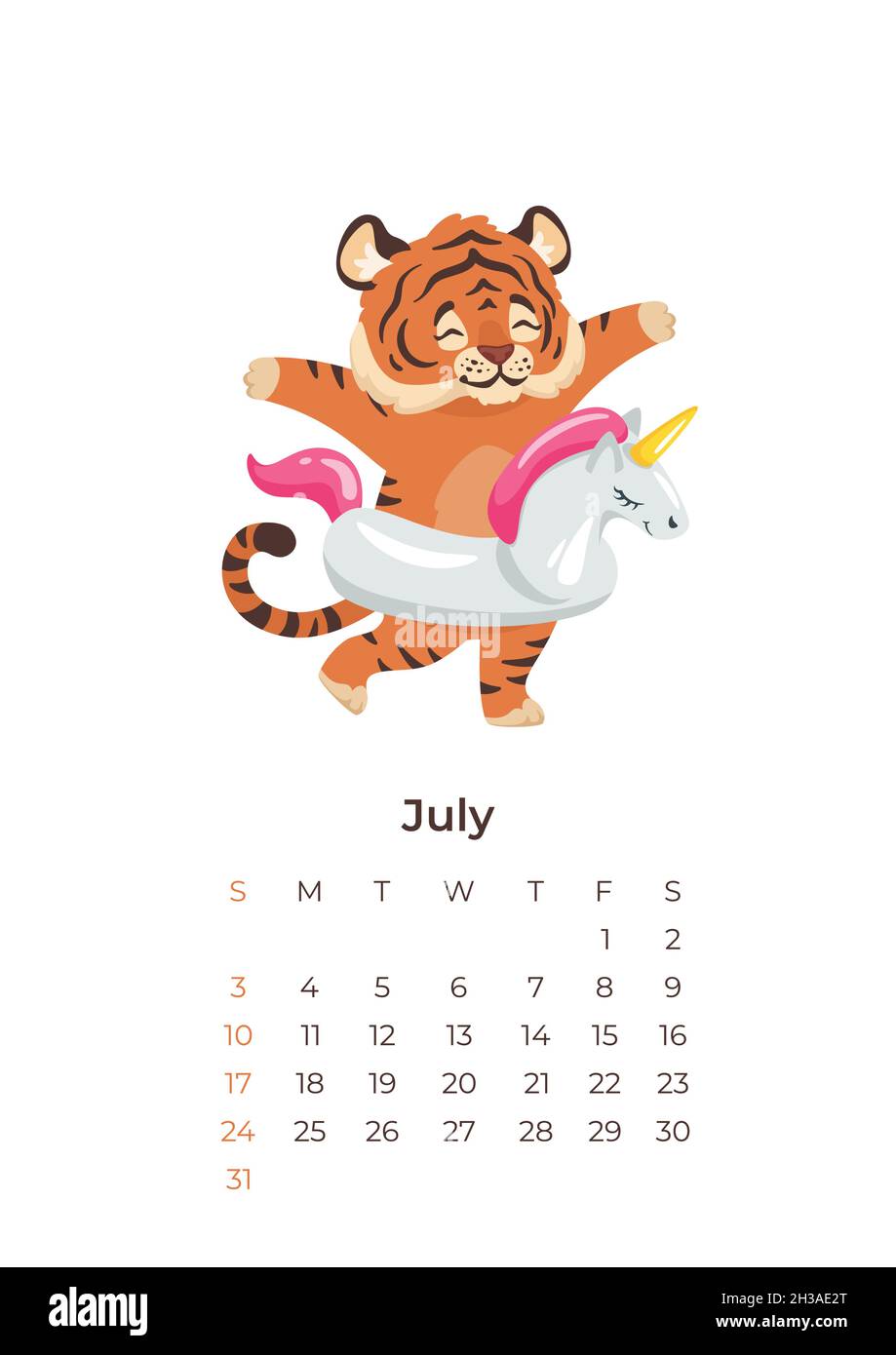 Cartoon Tiger 2022 luglio calendario modello formato A4. Illustrazione Vettoriale