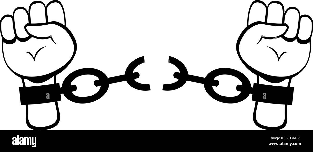 Illustrazione vettoriale di una mano che rompe le catene, in bianco e nero con i contorni disegnati Illustrazione Vettoriale