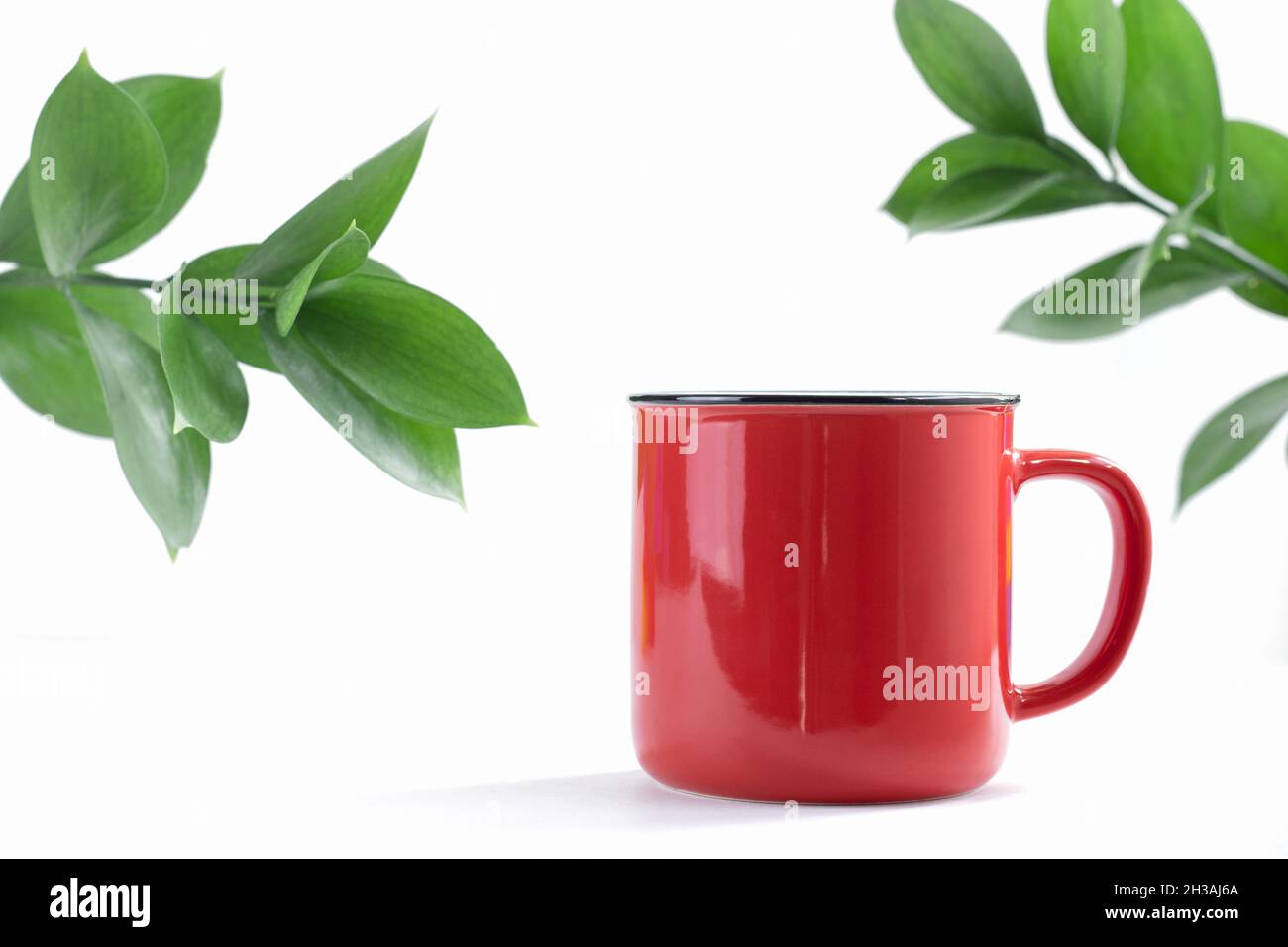 Tazza rossa con manico isolato su sfondo bianco con foglie. Foto Stock