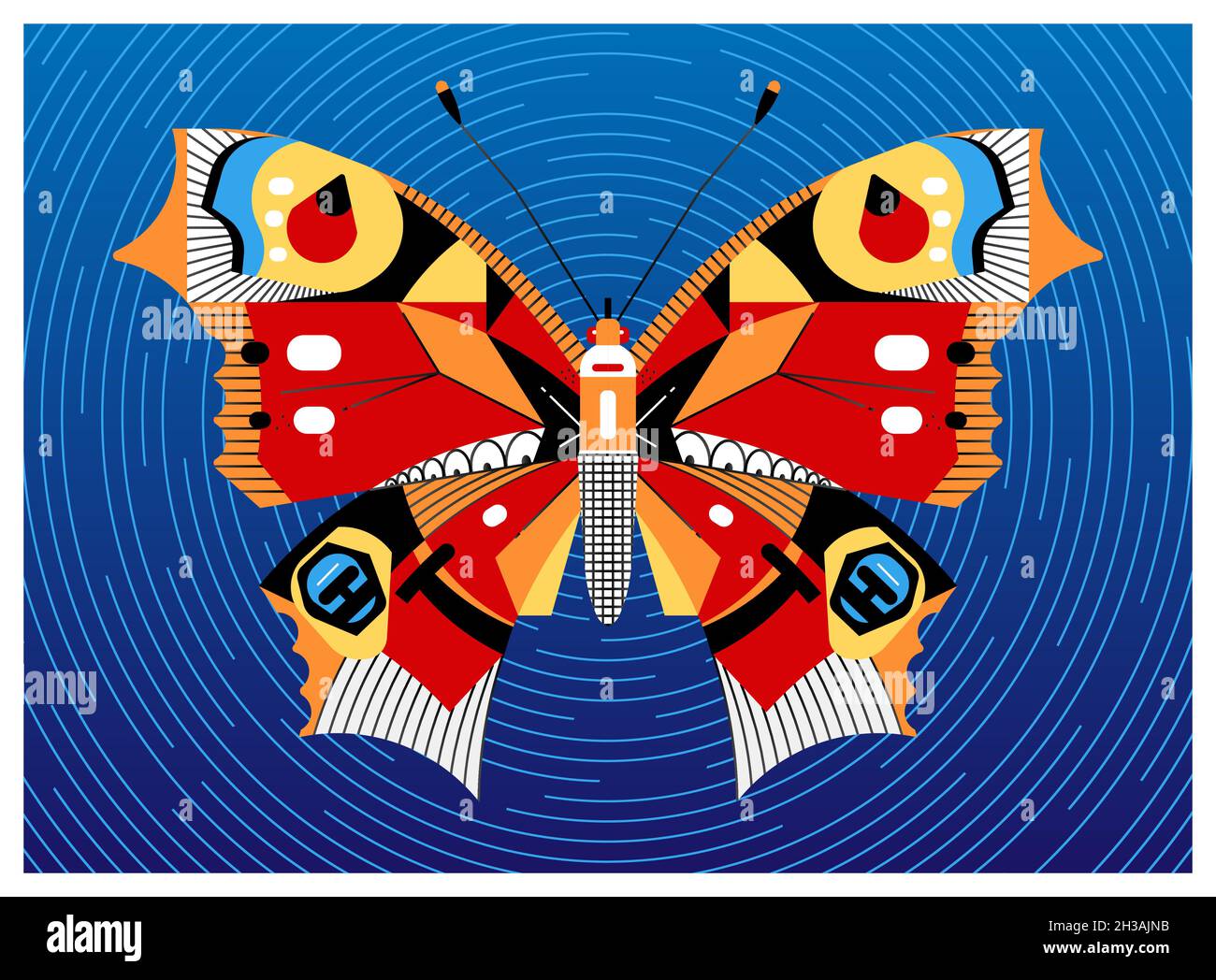 Peacock Butterfly, design in stile cartoon piatto. Sfondo - cielo serale e tracce di stelle su una lunga esposizione. Illustrazione Vettoriale