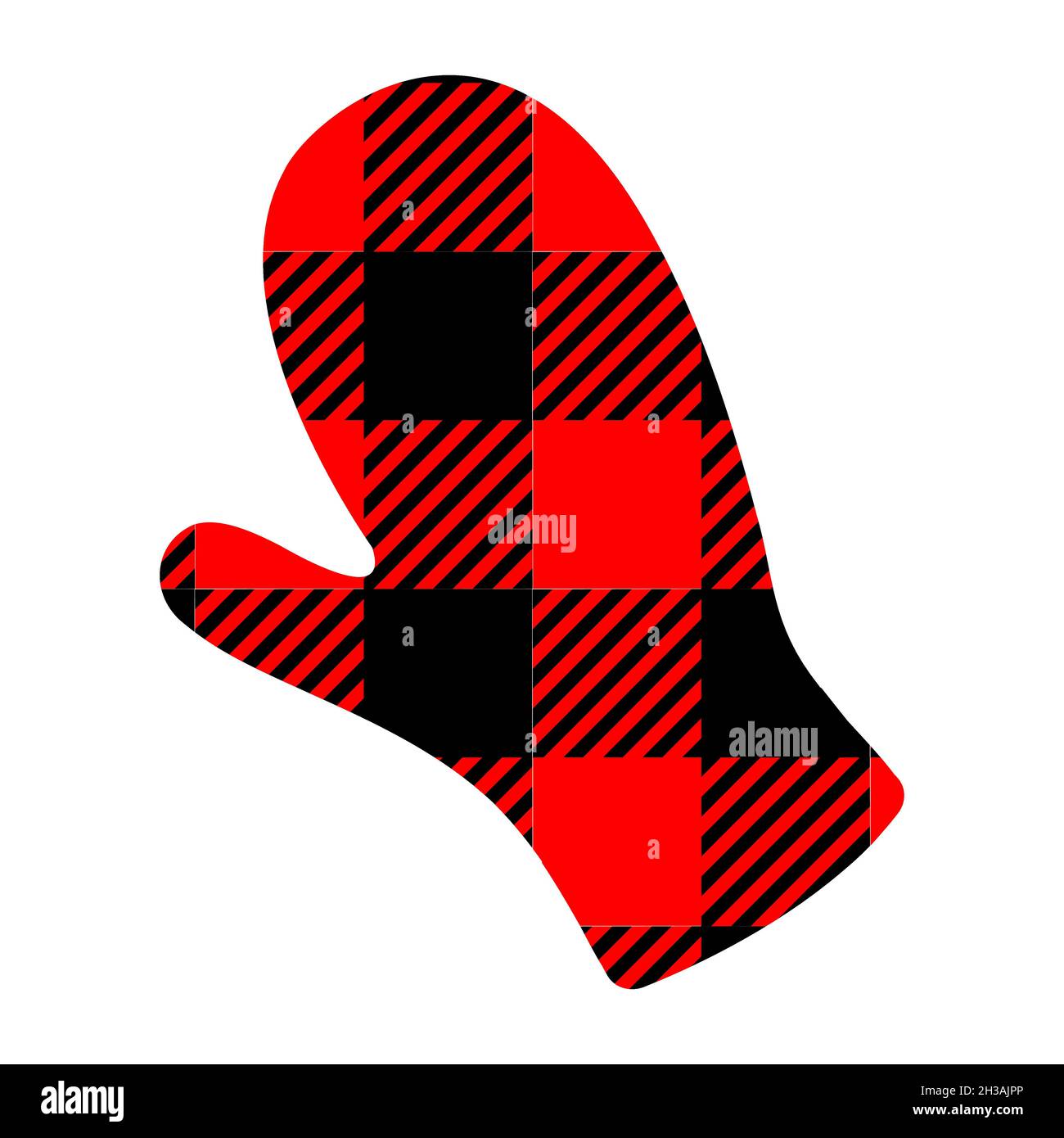 Guanto invernale con motivo bufalo nero e rosso. Forma palma umana con stampa a scacchi Gingham. Illustrazione piatta vettoriale. Illustrazione Vettoriale