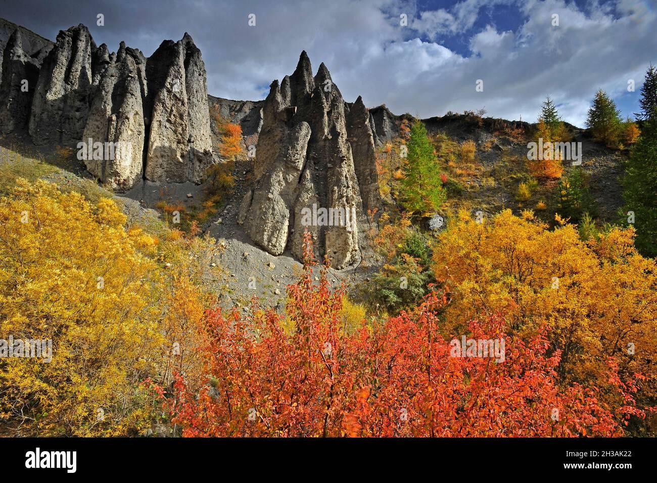 FRANCIA. ALPES-DE-HAUTE-PROVENCE (04) LA DURANCE VALLEY. I PENITENTS DES MEES (ROCCE MEES) Foto Stock