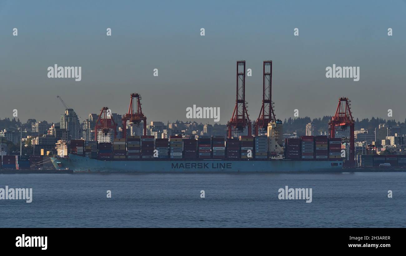 Vista del porto marittimo container Centennial Terminal (CenterM) nel porto di Vancouver con la nave di carico Maersk Lins al mattino in giorno di sole. Foto Stock