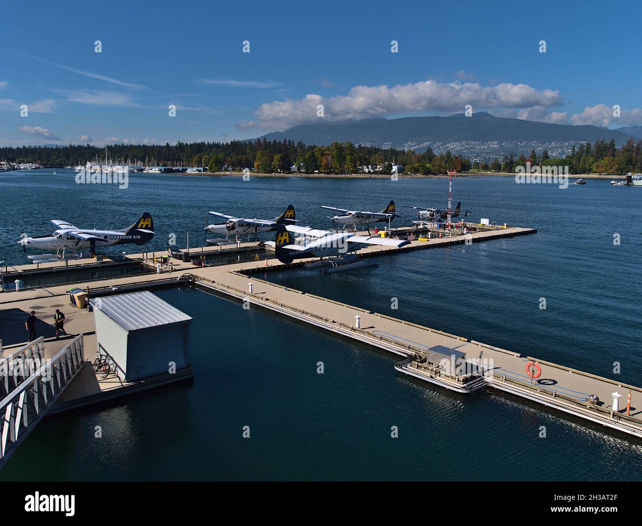 Vista del Vancouver Harbour Flight Center con idrovolanti ormeggiati della compagnia aerea canadese Harbour Air e Stanley Park in background durante la giornata di sole. Foto Stock