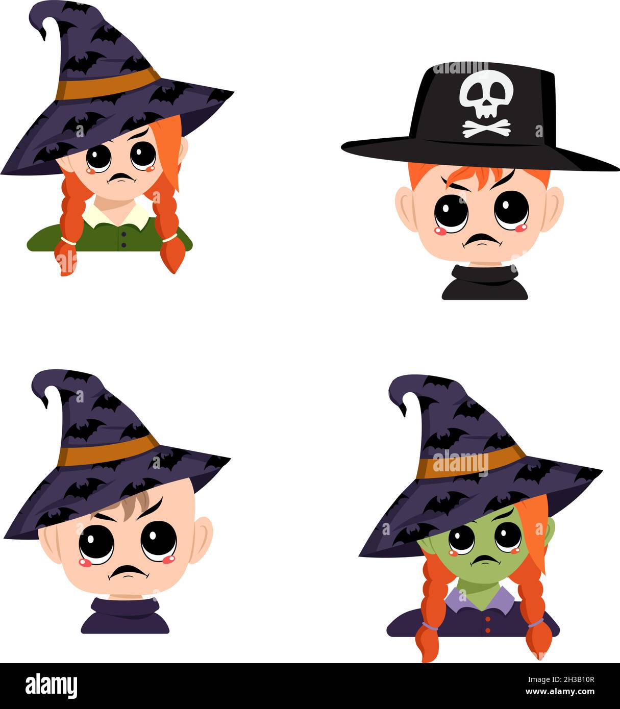 Set di ragazza, ragazzo e bambino con pelle bianca e verde, capelli rossi, emozioni arrabbiate, viso grumpy, occhi furiosi in cappello a strega appuntita. Testa di bambino con espressione furiosa in costume da carnevale per Halloween Illustrazione Vettoriale