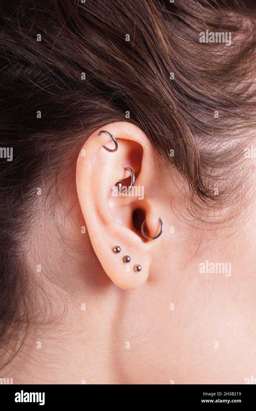 orecchio con orecchini incluso il rook dell'elica tragus e piercing del  lobo Foto stock - Alamy