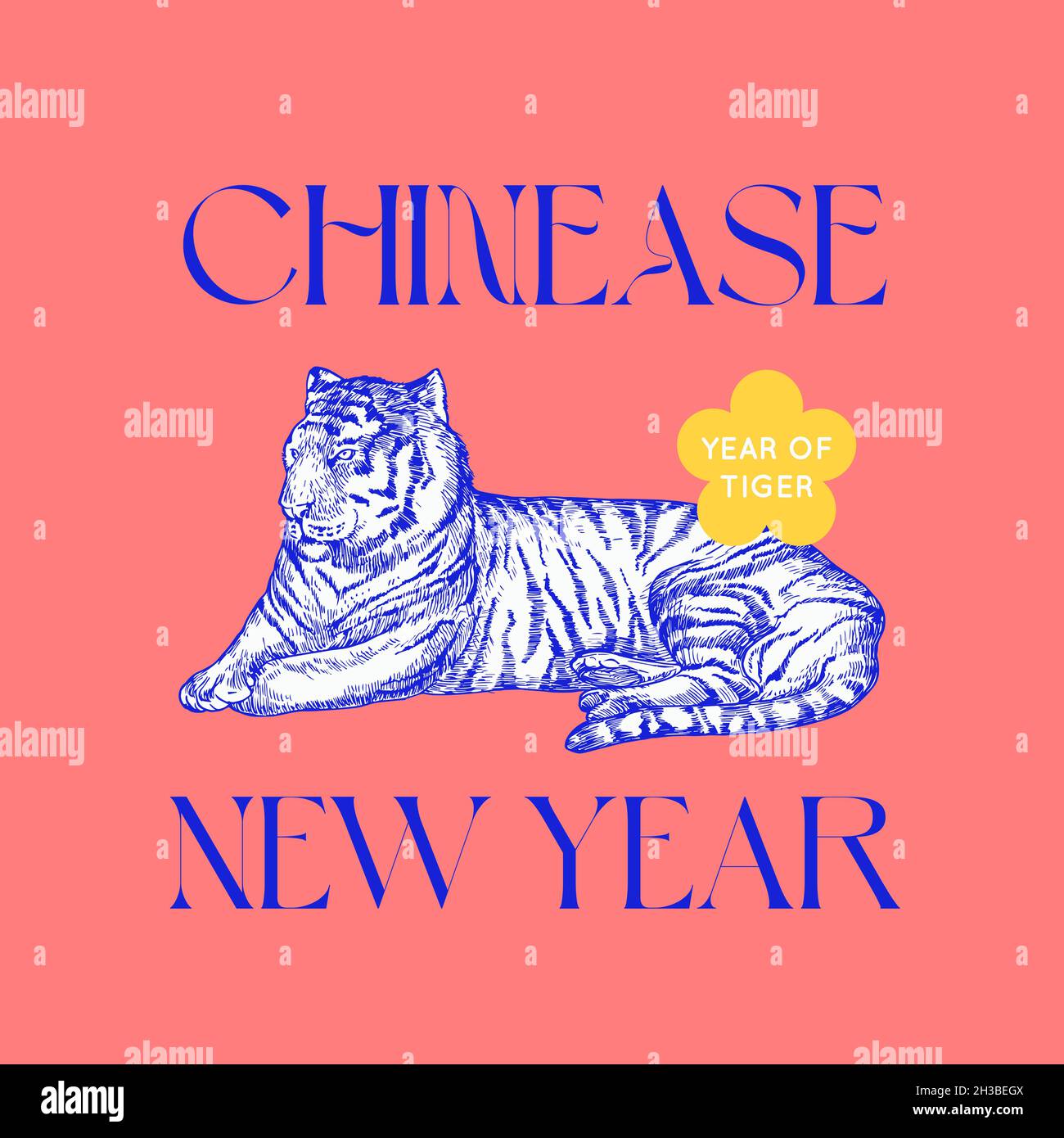 Modello di biglietto d'auguri per il Capodanno asiatico felice 2022. Etichetta del segno cinese dello zodiaco della tigre disegnata a mano con la tipografia moderna su sfondo rosa. Orientale Illustrazione Vettoriale