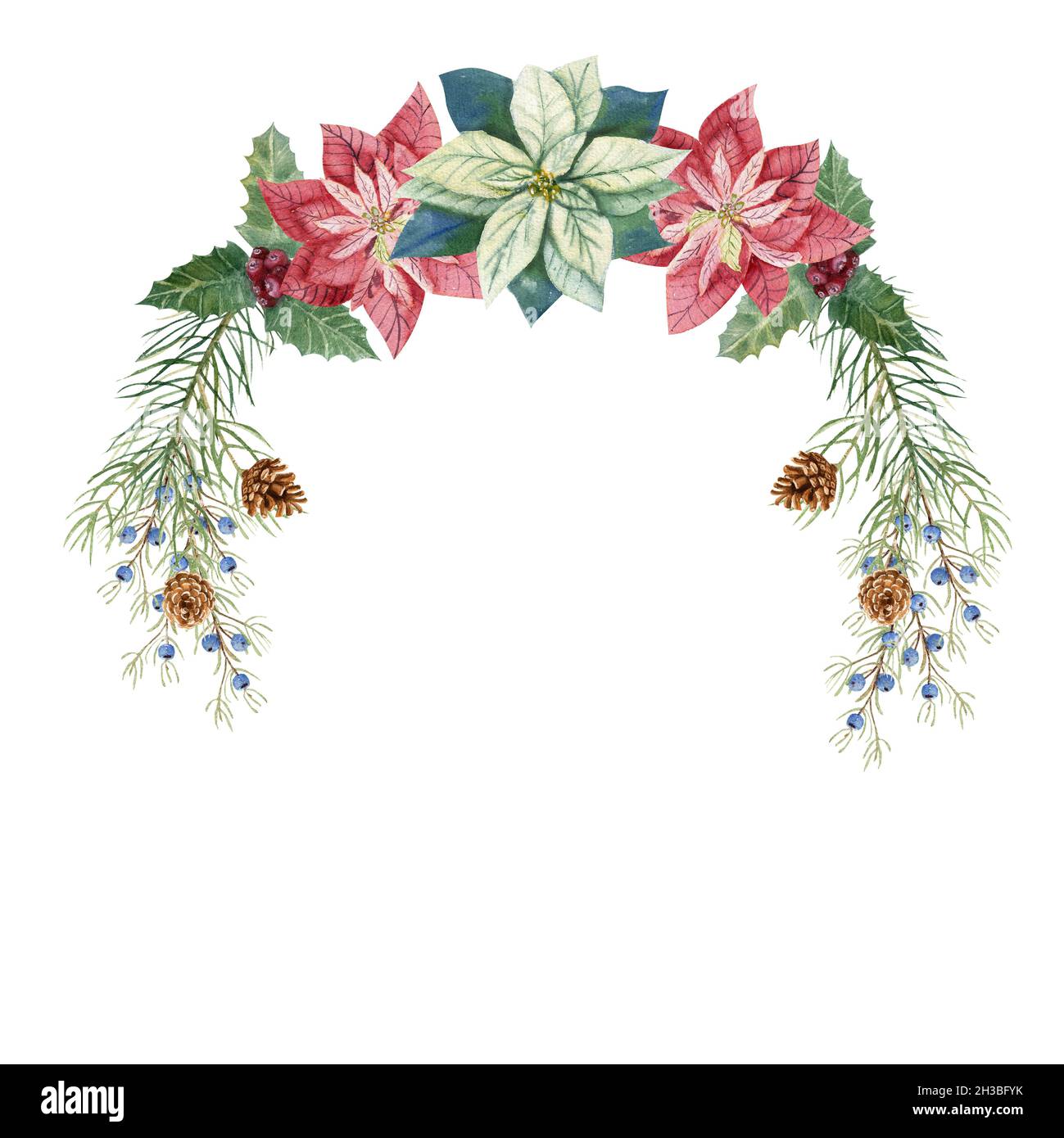 Natale inverno Illustration.A corona con acquerello poinsettia fiori, abete ramoscelli, coni, blu e rosso bacche Foto Stock