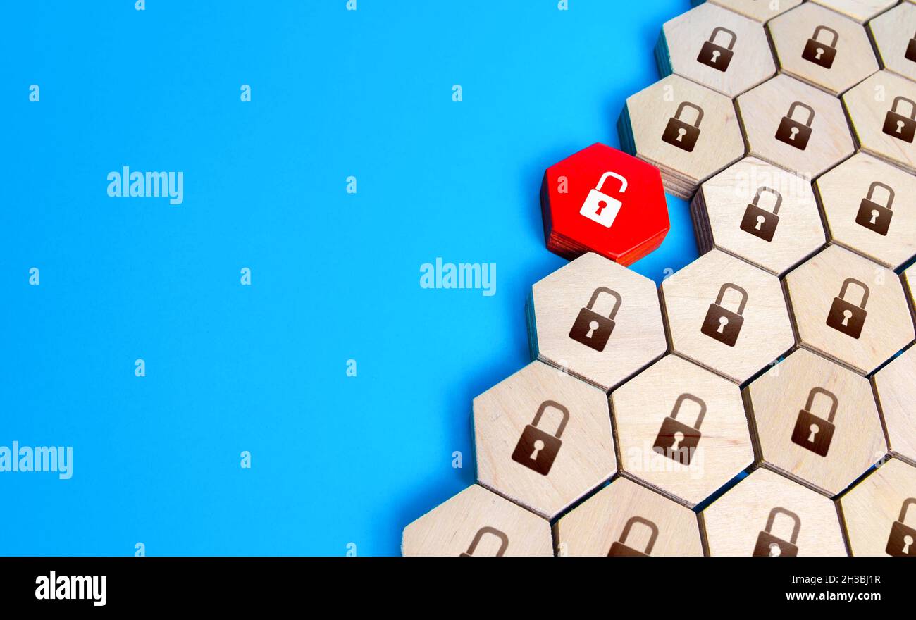 Hacking di un componente del sistema. Violazione della sicurezza, accesso non autorizzato, minaccia all'integrità del sistema. Perdita di dati aziendali. Attacco hacker. Networ multilivello Foto Stock