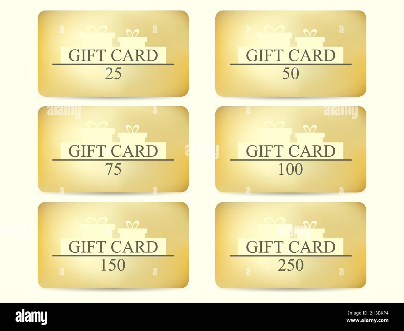 Set di carte regalo dorate con confezione regalo. Modello di design per carte regalo e sconto, prodotti di marketing. Carte in tagli: 25, 50, 75, 100, 150, Illustrazione Vettoriale