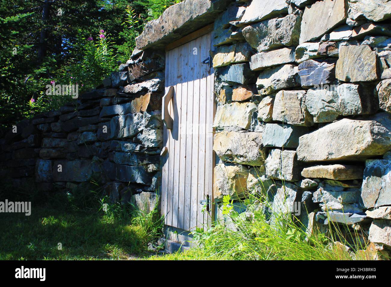 Un'antica cantina con facciata in pietra e porta in legno, Elliston, NL. Foto Stock