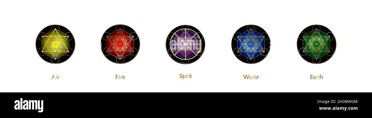 Cinque icone di elementi e il simbolo dello Spirito magico, i simboli rotondi dorati impostano il modello. Simbolo aria, fuoco, acqua, terra quattro. Pittogramma segni di alchimia isolati Illustrazione Vettoriale