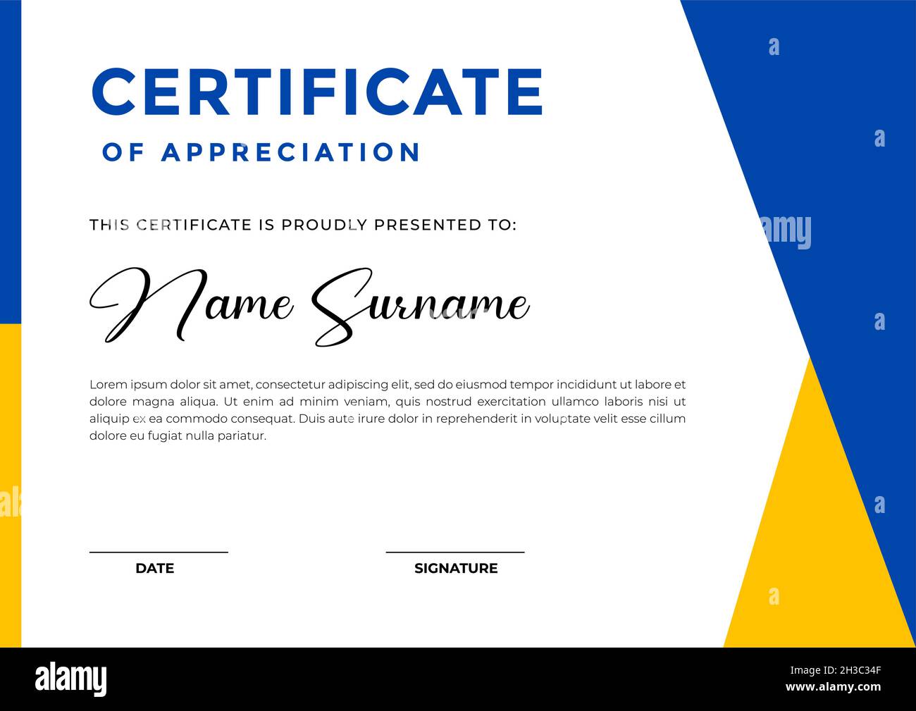 Moderno modello di certificato blu e giallo con design astratto delle forme, apprezzamento per il business e l'istruzione Illustrazione Vettoriale