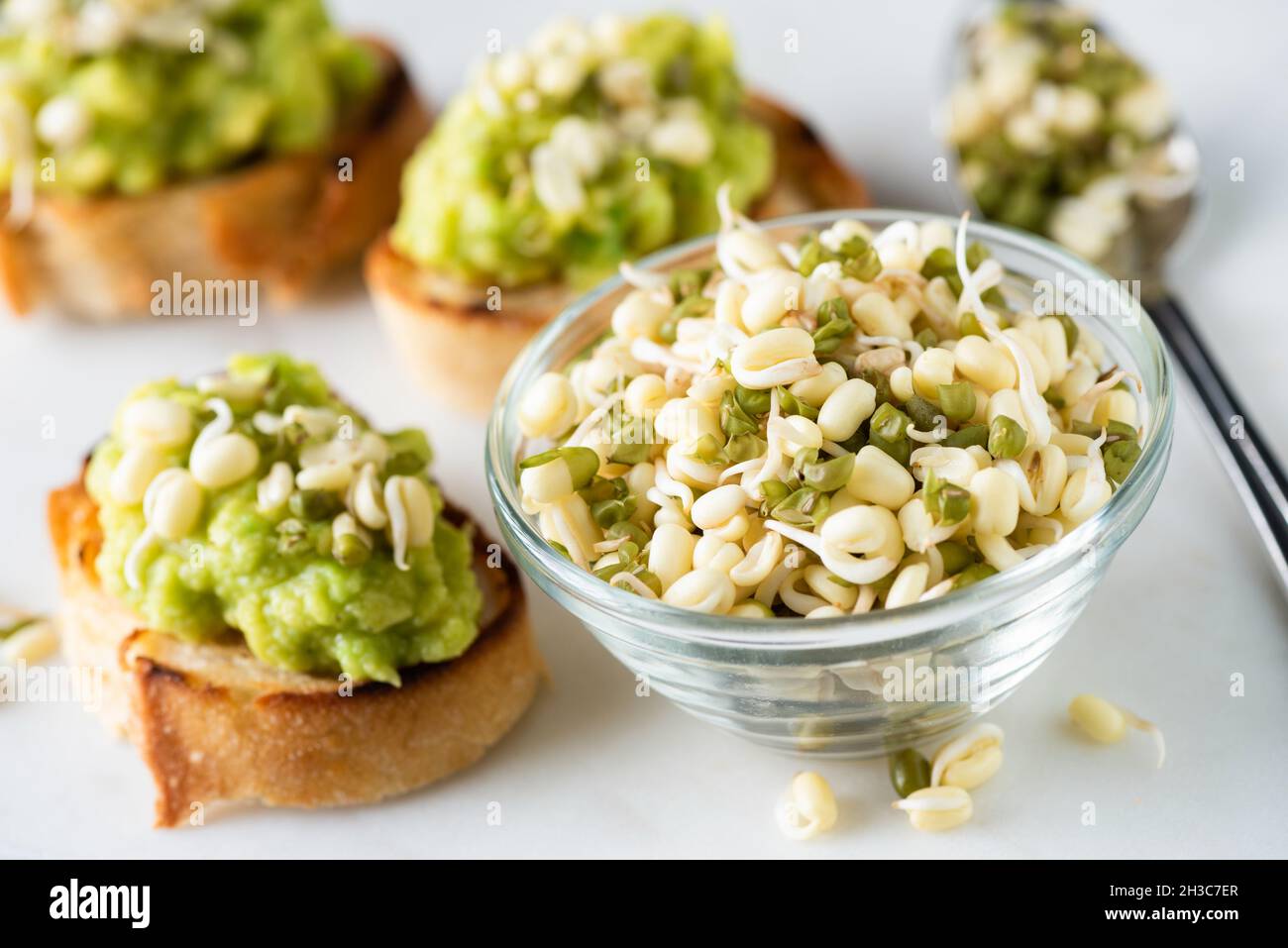 Germogli di fagioli mungi e avocado vegano toast vista closeup. Cibo nutriente sano Foto Stock