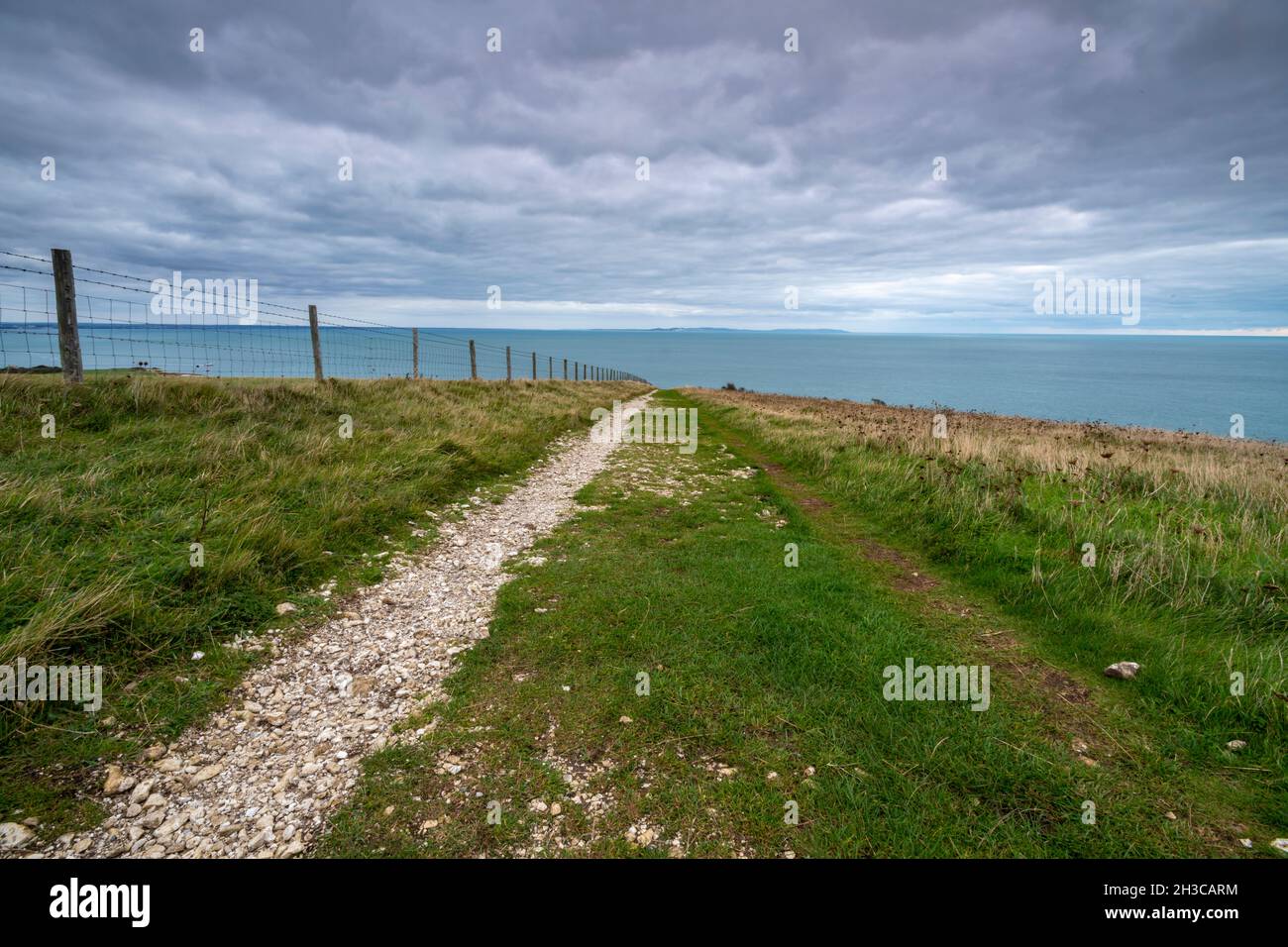 pista di gesso sopra i discese sull'isola di purbeck in dorset parte del percorso pedonale pubblico purbeck way, pista sopra le colline, passeggiate, trekking, dorset. Foto Stock