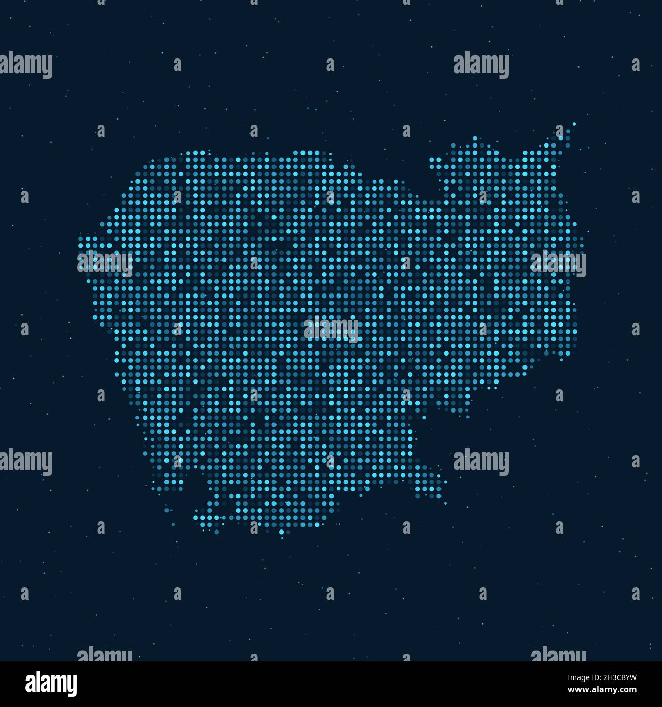 Mezzitoni astratti punteggiati con effetto stellato su sfondo blu scuro con mappa della Cambogia. Tecnologia digitale punteggiata design sfera e struttura. vecto Illustrazione Vettoriale