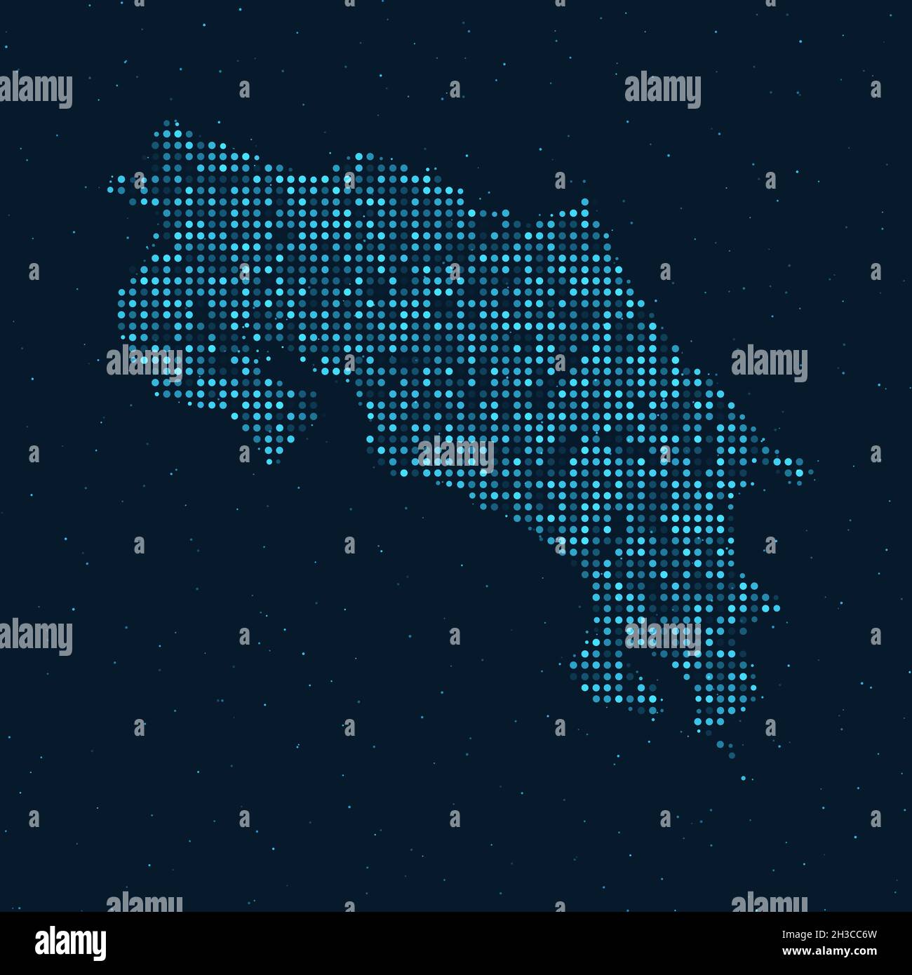 Mezzitoni astratti punteggiati con effetto stellato su sfondo blu scuro con mappa del Costa Rica. Tecnologia digitale punteggiata design sfera e struttura. vec Illustrazione Vettoriale