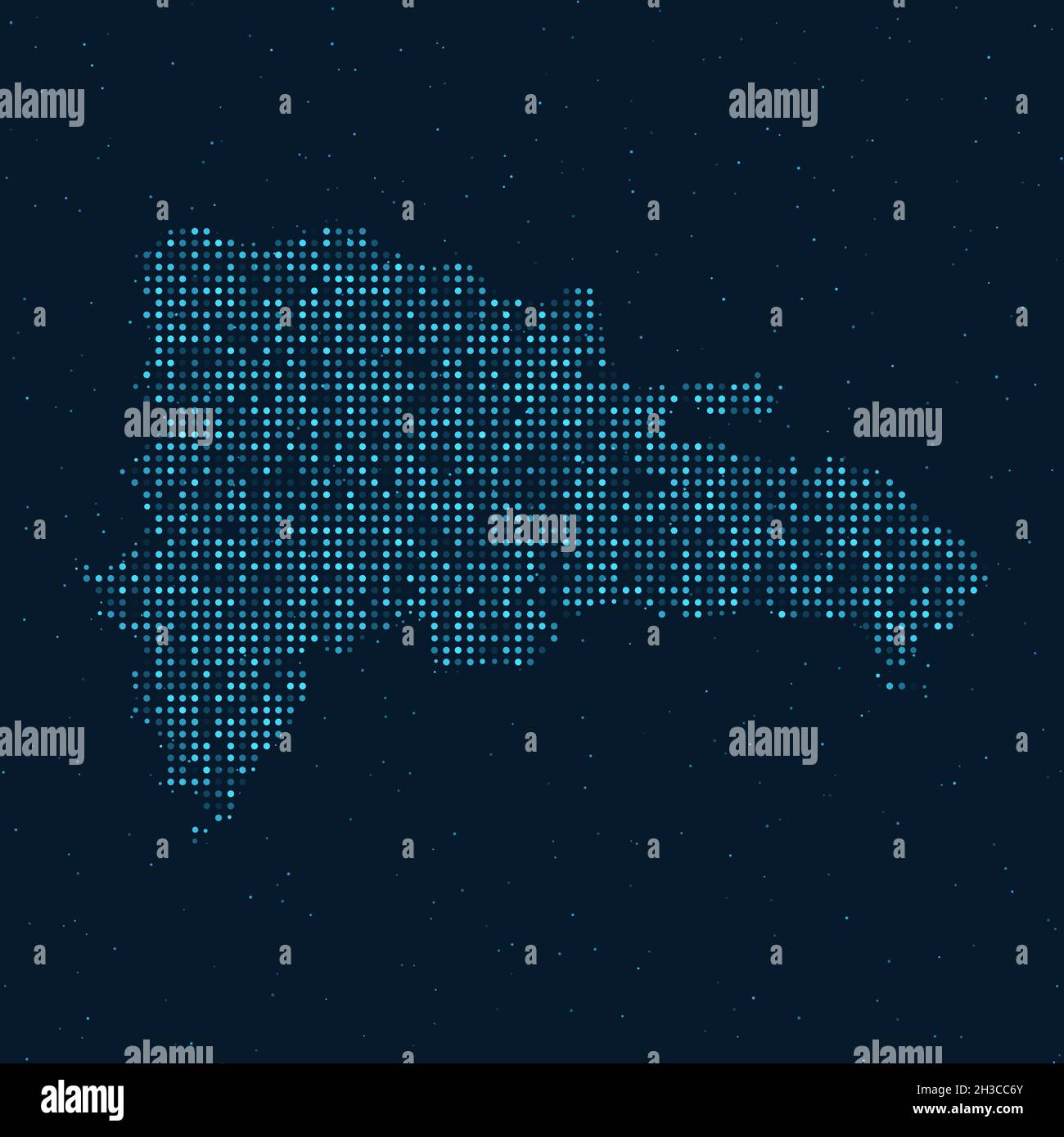 Mezzitoni punteggiati astratti con effetto stellato su sfondo blu scuro con mappa della Repubblica Dominicana. Tecnologia digitale punteggiata sfera di design e struttura Illustrazione Vettoriale