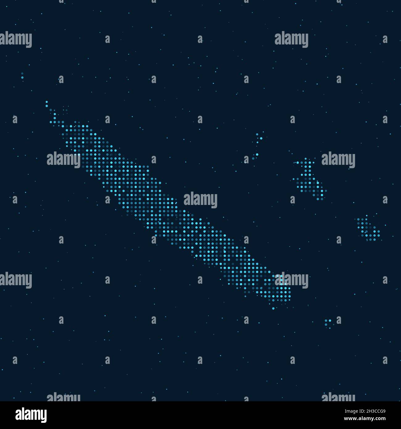 Mezzitoni astratti punteggiati con effetto stellato su sfondo blu scuro con mappa della Nuova Caledonia. Tecnologia digitale punteggiata, sfera e struttura di design. Illustrazione Vettoriale