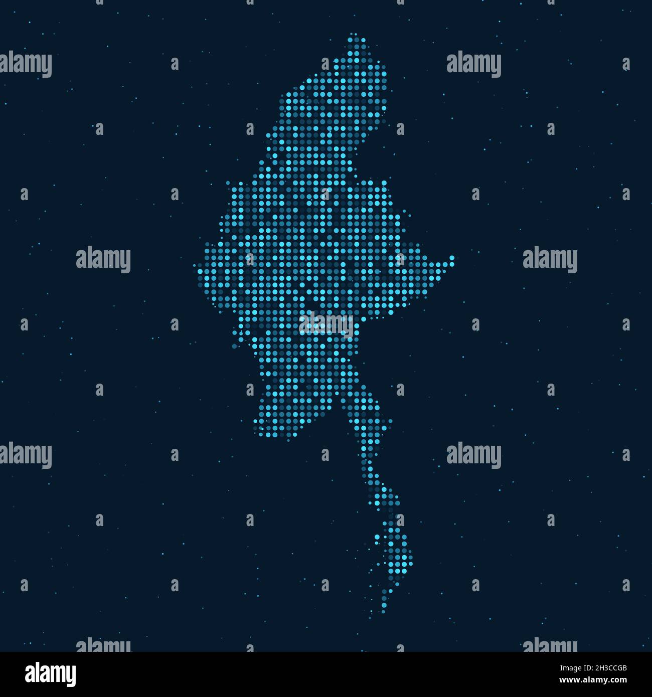 Mezzitoni astratti punteggiati con effetto stellato su sfondo blu scuro con mappa di Myanmar. Tecnologia digitale punteggiata design sfera e struttura. Vettore Illustrazione Vettoriale