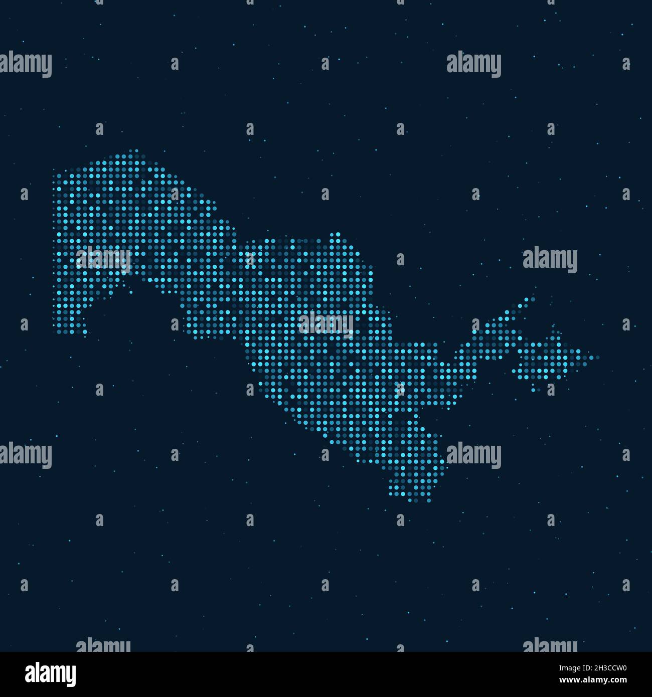 Mezzitoni astratti punteggiati con effetto stellato su sfondo blu scuro con mappa dell'Uzbekistan. Tecnologia digitale punteggiata design sfera e struttura. vec Illustrazione Vettoriale