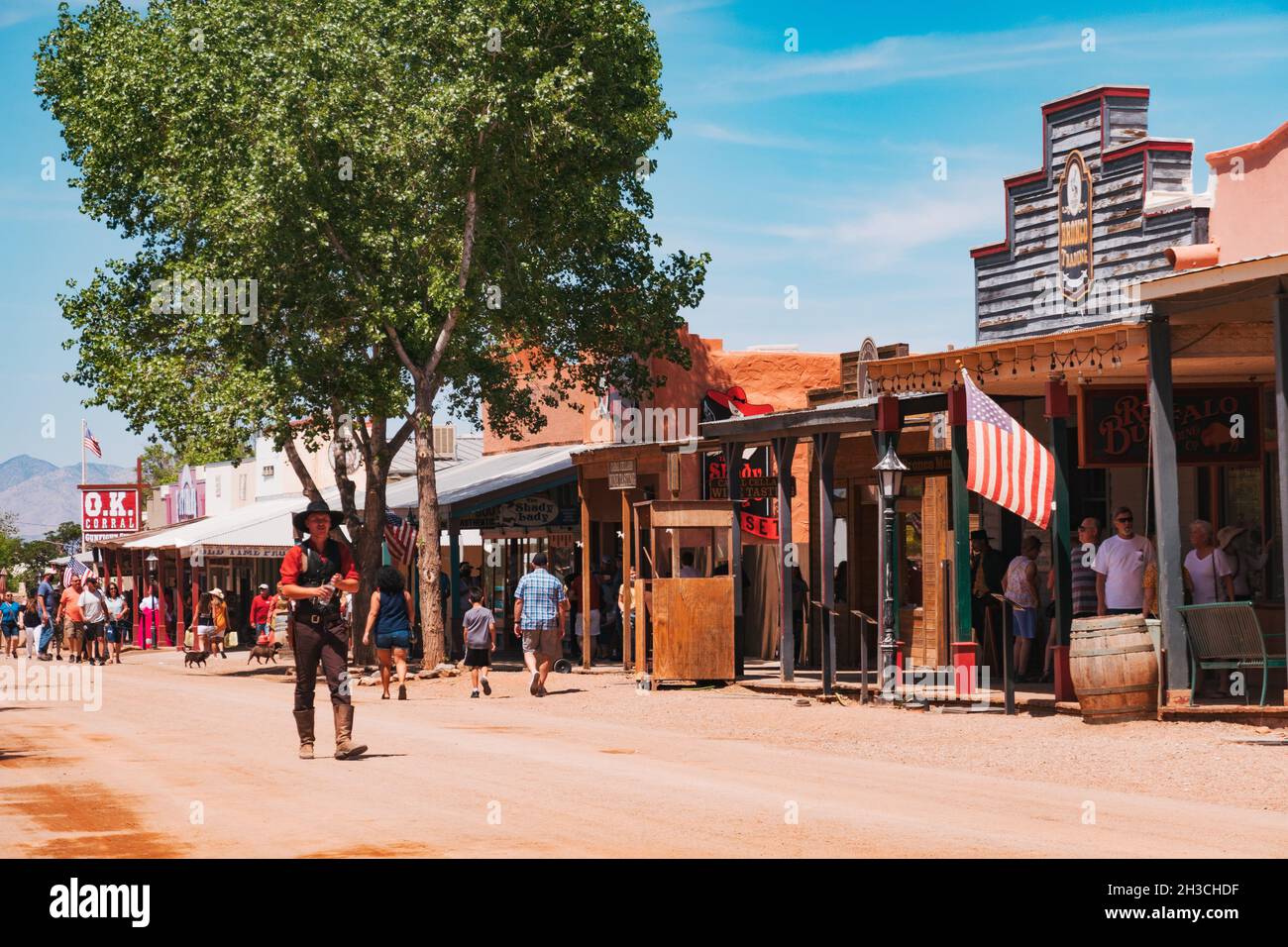 La storica città di Tombstone, Arizona, durante l'annuale Rose Festival, che ospita molti residenti locali e aziende vestite di abbigliamento Old West Foto Stock